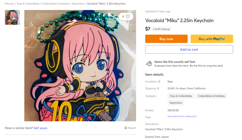 Mercari listing for a Luka keychain being sold with the name Miku in quotes